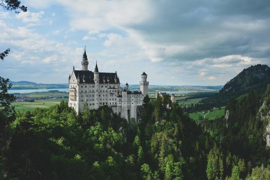 Majestic white castle on hill amidst thick forest trees